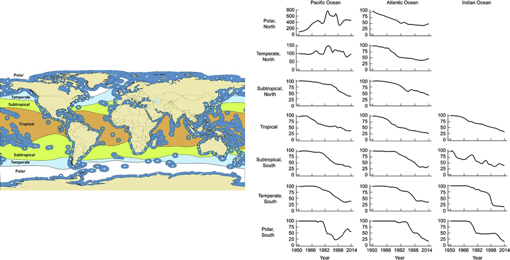 Chart by Palomares, et al. showing the decline in global fish populations.